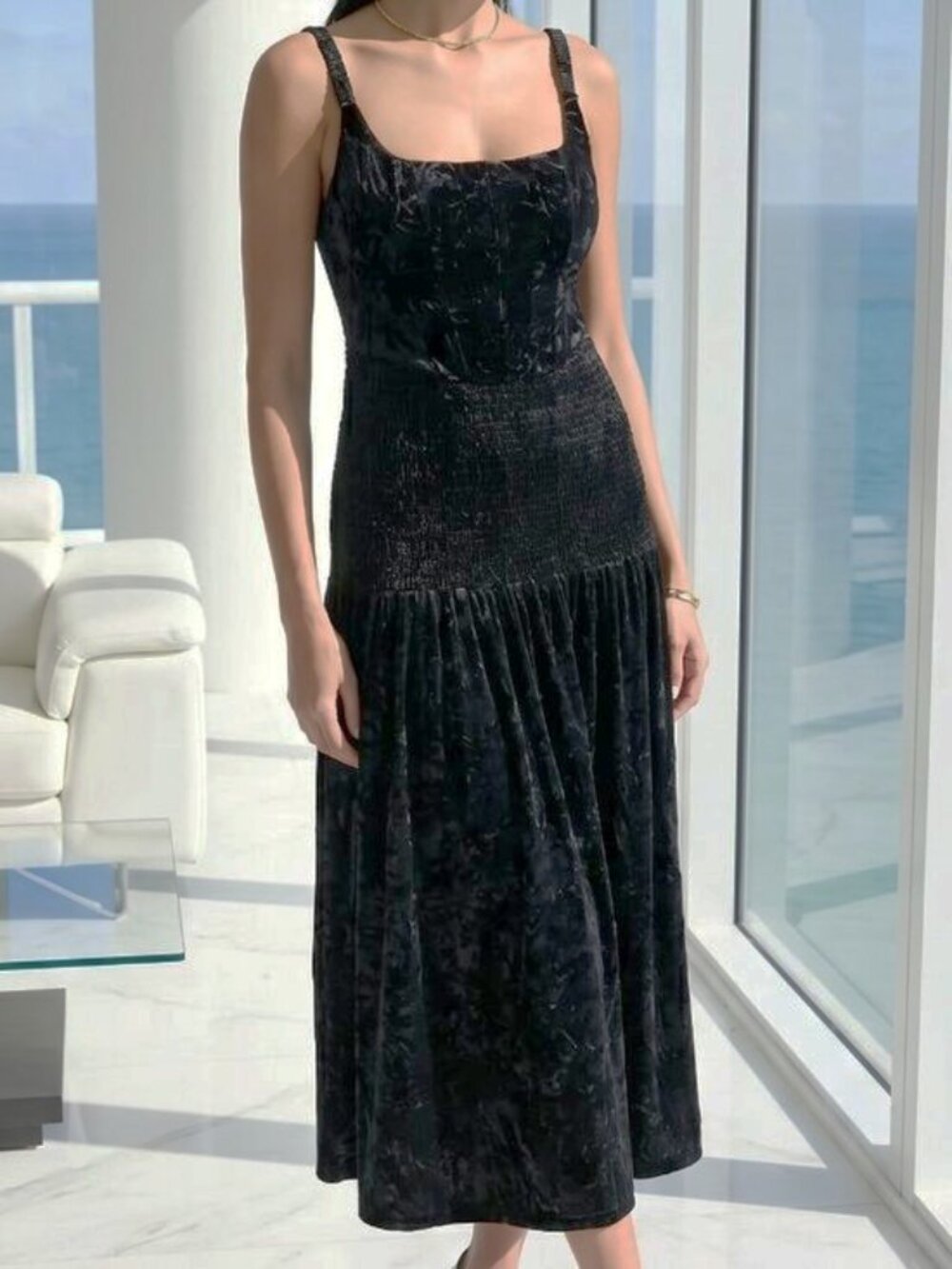 $180 Black velvet ruched corset midi dress by MOON RIVER S